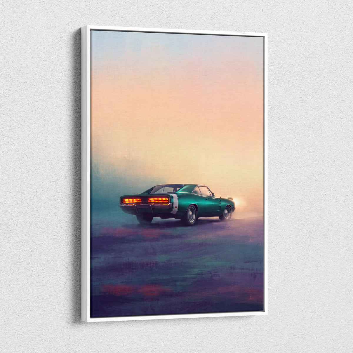 A framed canvas print of a teal green dodge charger classic muscle car with glowing taillights at sunset for living room