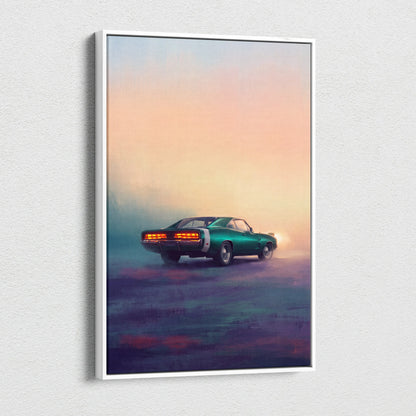 A framed canvas print of a teal green dodge charger classic muscle car with glowing taillights at sunset for living room