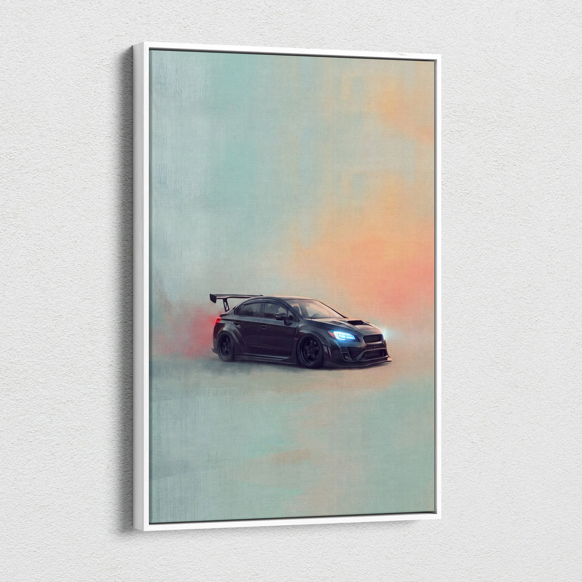 Black Subaru WRX STI sports car illustration on canvas art in white frame for rally tuner bedroom wall decor