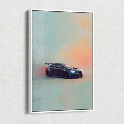 Black Subaru WRX STI sports car illustration on canvas art in white frame for rally tuner bedroom wall decor