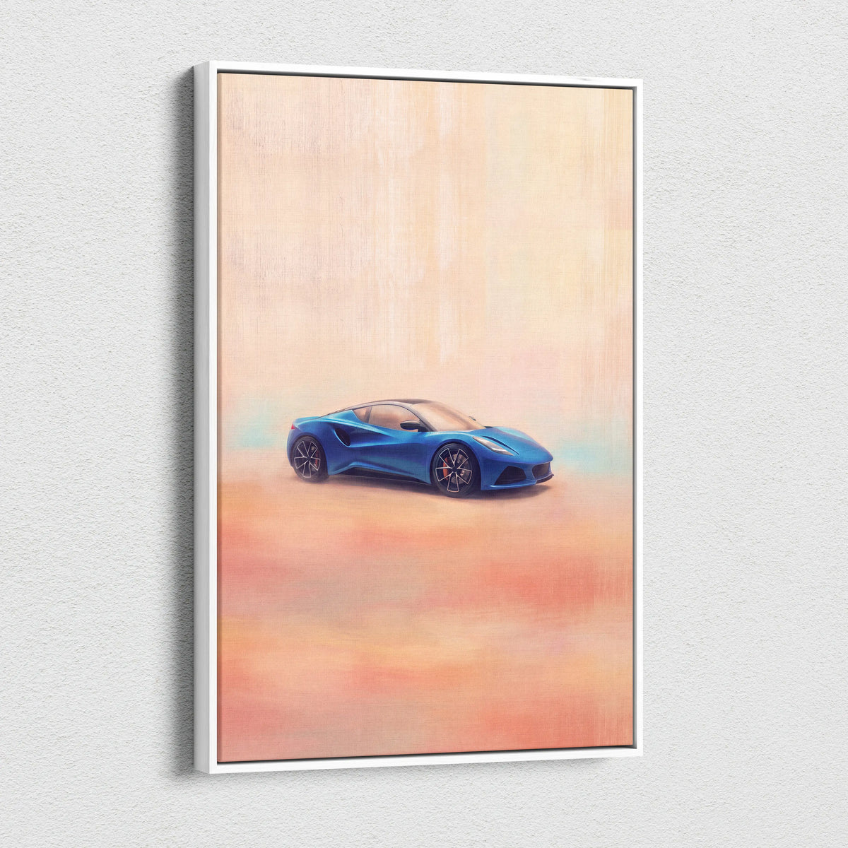 Lotus Emira inspired canvas art featuring a blue sports car framed with a warm-toned background wall decor print