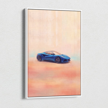 Lotus Emira inspired canvas art featuring a blue sports car framed with a warm-toned background wall decor print