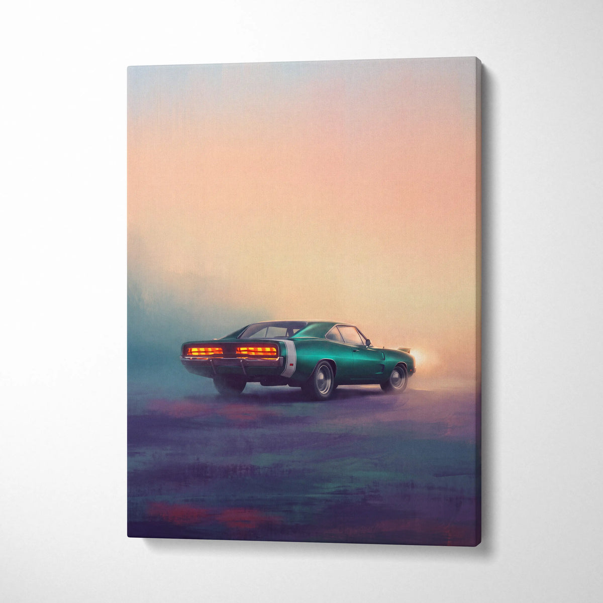 A vibrant teal dodge charger classic muscle car canvas print with white racing stripe for living room wall art