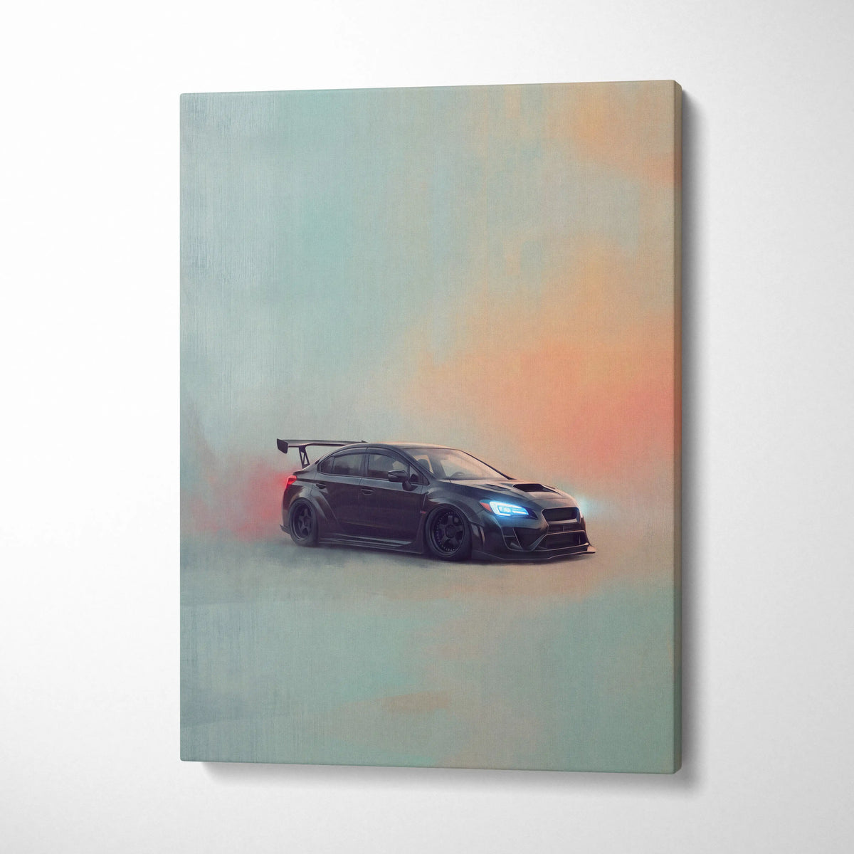 Black Subaru WRX STI sports car canvas print with glowing blue headlights and rear spoiler for rally tuner wall decor