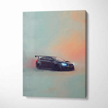 Black Subaru WRX STI sports car canvas print with glowing blue headlights and rear spoiler for rally tuner wall decor