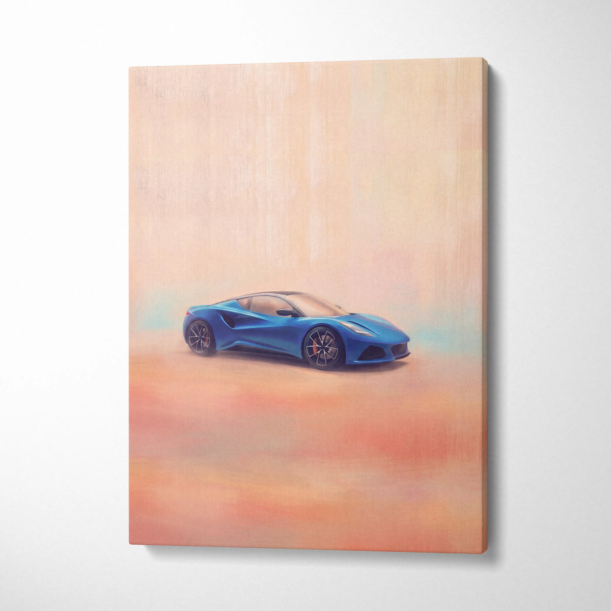 A vibrant blue lotus emira inspired sports car painted on canvas modern british sports car wall decor print
