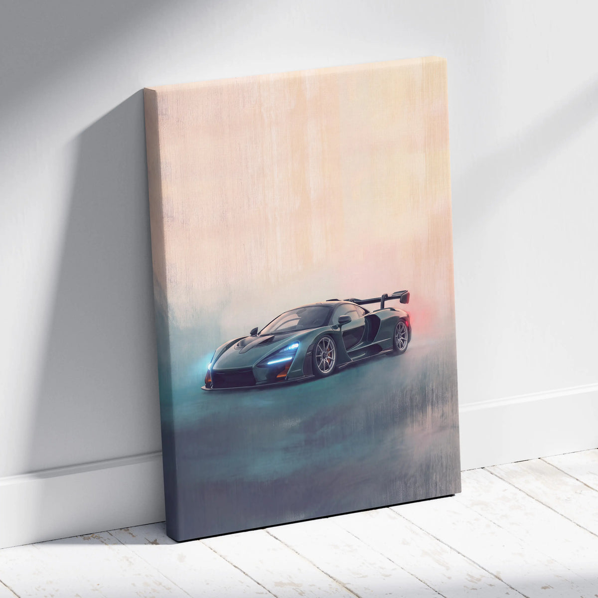 A sleek dark green mclaren senna inspired luxury supercar canvas print with glowing blue headlights and red taillights
