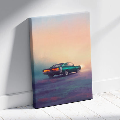 Dodge charger inspired canvas print featuring a teal green muscle car with glowing taillights for living room wall art