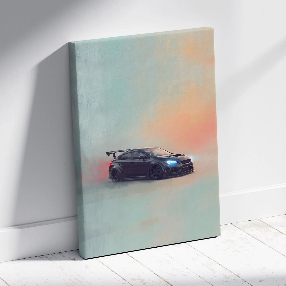Black Subaru WRX STI sports car illustration on canvas wall art for rally tuner bedroom decor