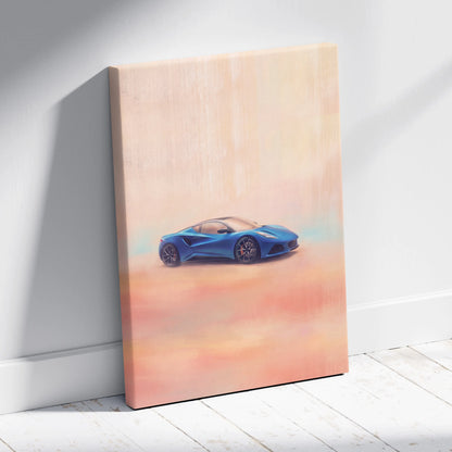 Blue sports car illustration on canvas wall art inspired by lotus emira modern british sports car decor print