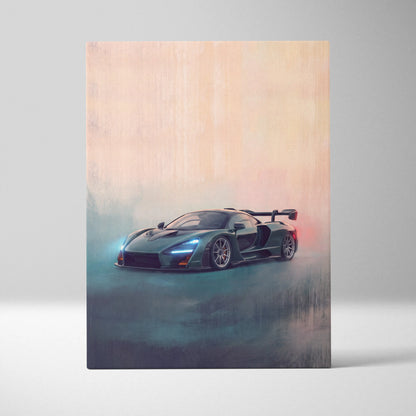 McLaren Senna inspired automotive wall art featuring a dark green matte sports car with rear wing and blue headlights