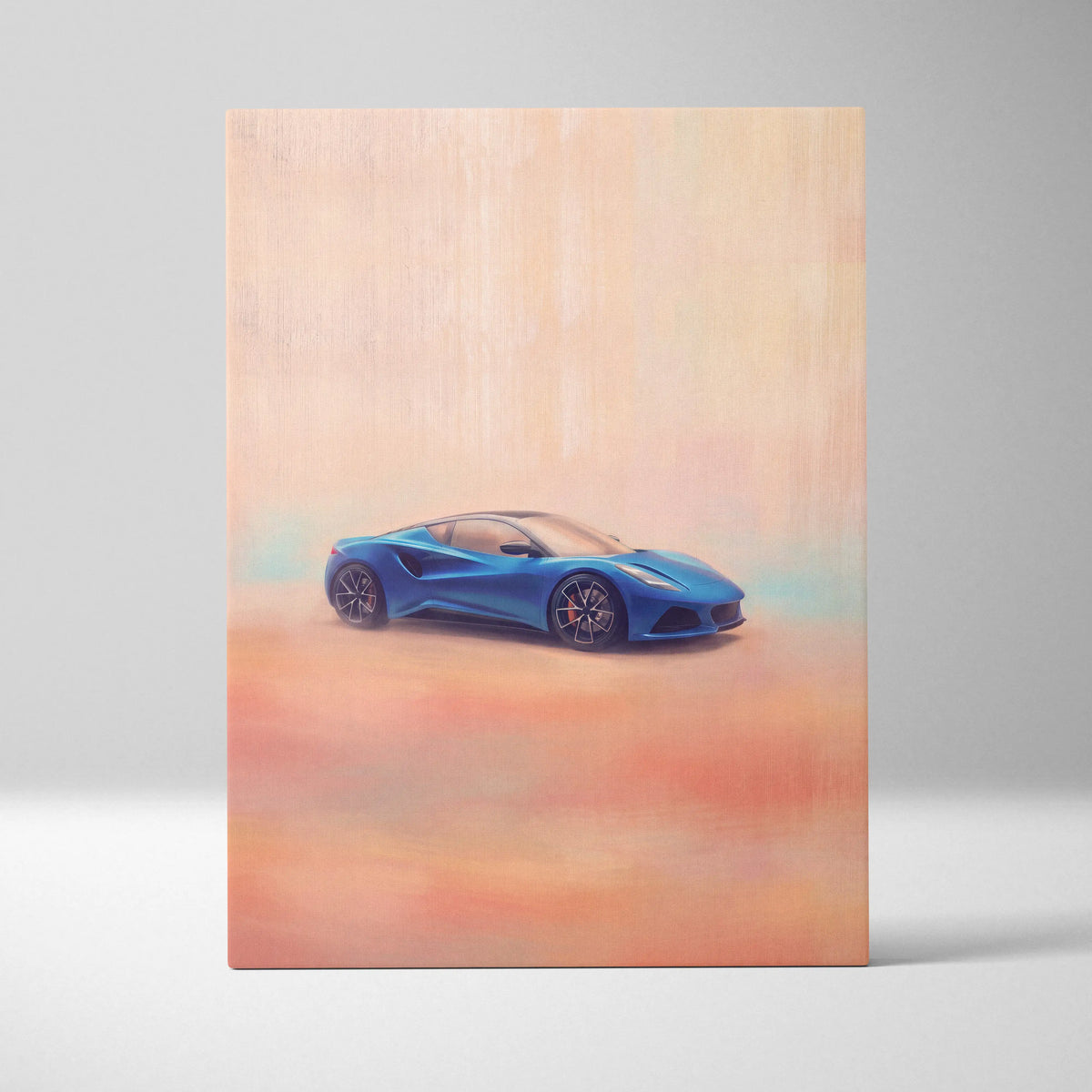 Lotus Emira inspired canvas art of a vibrant blue sports car with sleek lines and black alloy wheels wall decor print