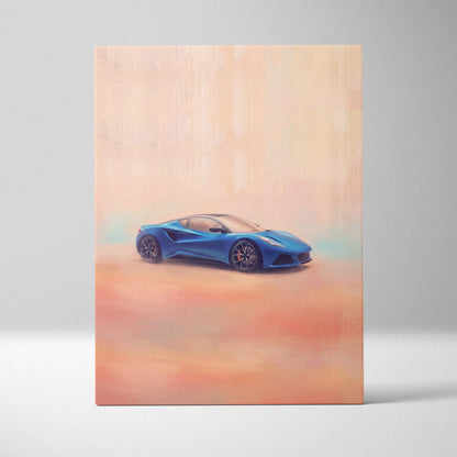 Lotus Emira inspired canvas art of a vibrant blue sports car with sleek lines and black alloy wheels wall decor print