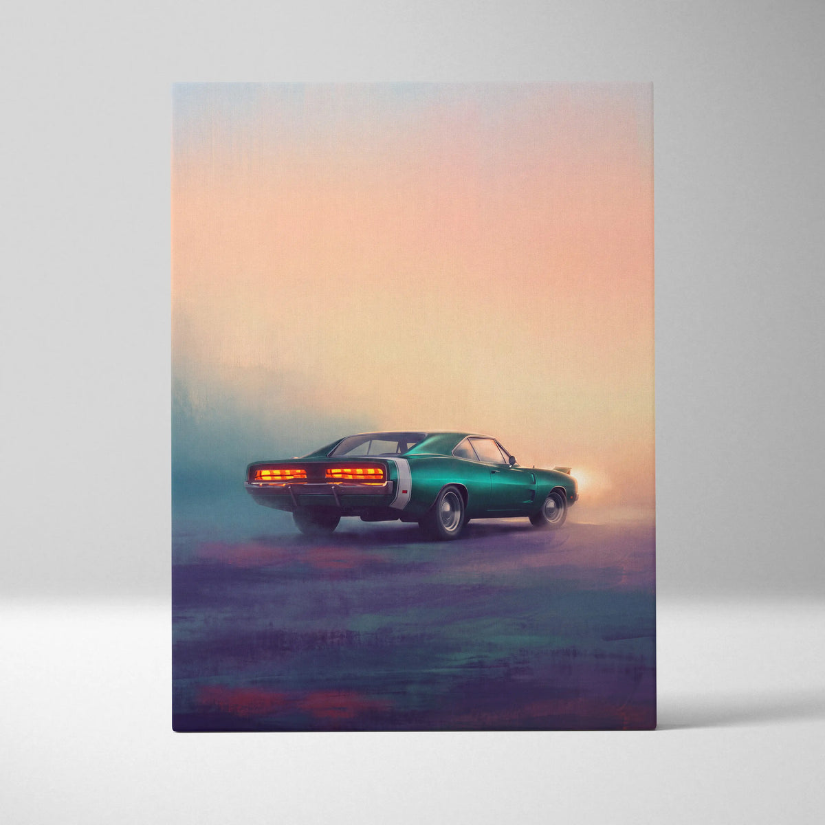Dodge Charger inspired teal classic muscle car wall art with glowing orange taillights printed on canvas for living room