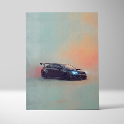 Black subaru wrx sti sports car with rear spoiler and glowing headlights in artistic painting on canvas wall decor