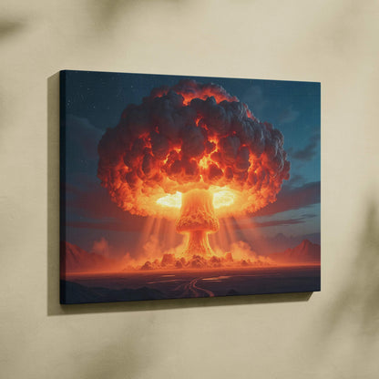 Epic nuclear mushroom cloud explosion canvas wall art in fiery orange and deep blue tones
