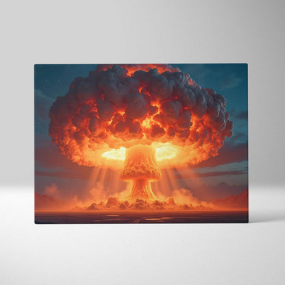 Epic nuclear mushroom cloud explosion canvas wall art in fiery orange and deep blue tones