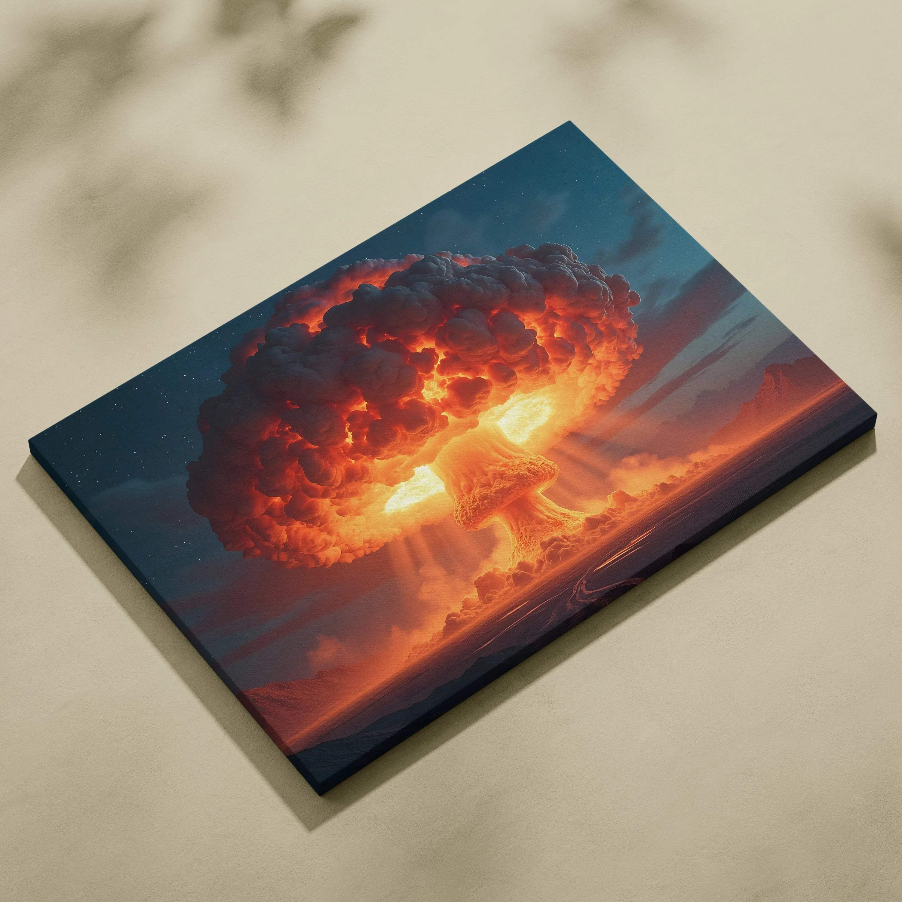 Epic nuclear mushroom cloud explosion canvas wall art in fiery orange and deep blue tones
