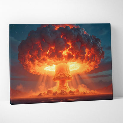 Epic nuclear mushroom cloud explosion canvas art in fiery orange and deep blue tones
