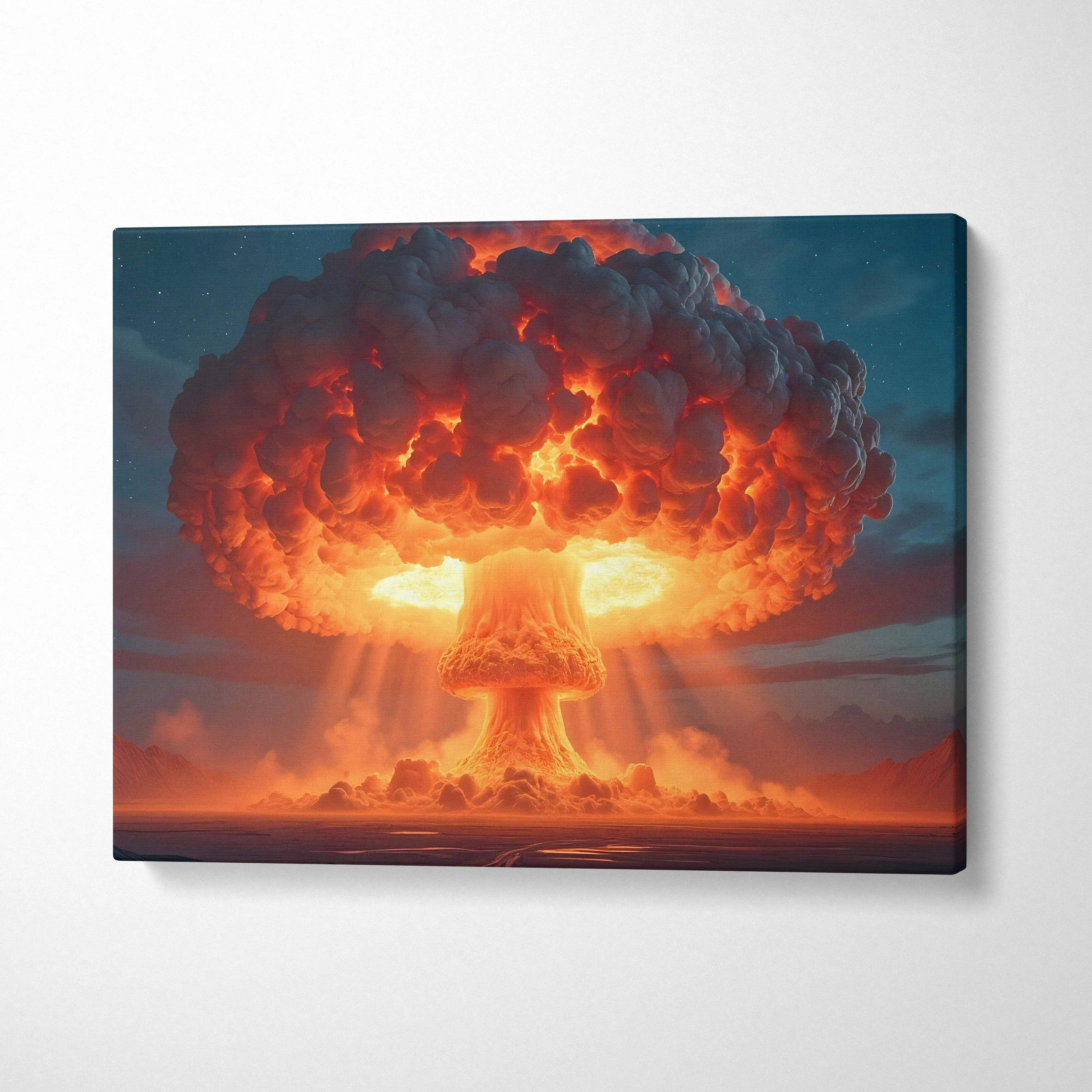 Epic nuclear mushroom cloud explosion canvas art in fiery orange red tones at night