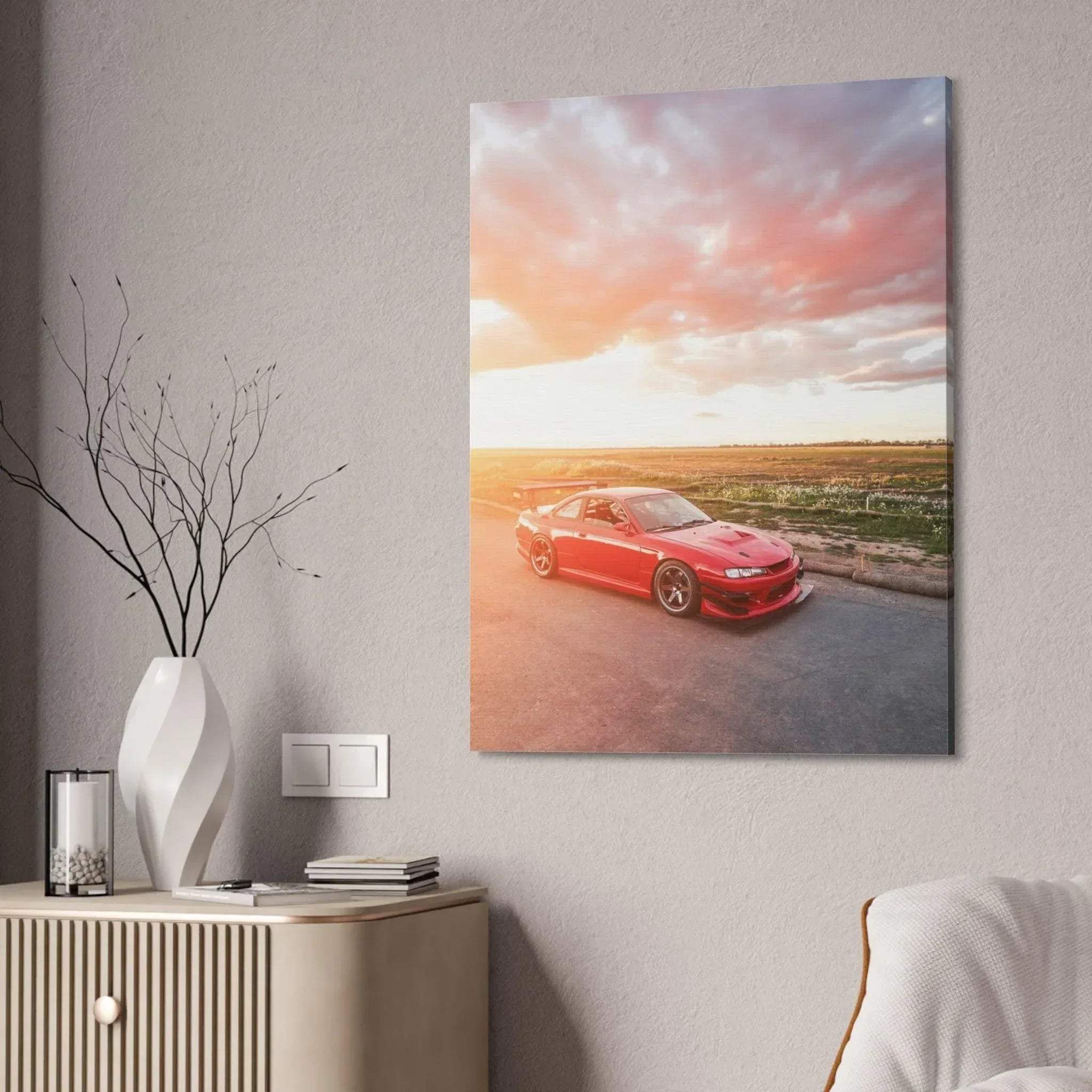 Red Nissan 240sx S14 Kouki car at sunset canvas wall art, vertical high-resolution print.