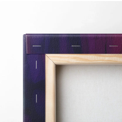 Purple gradient canvas art with stitching, light wood frame