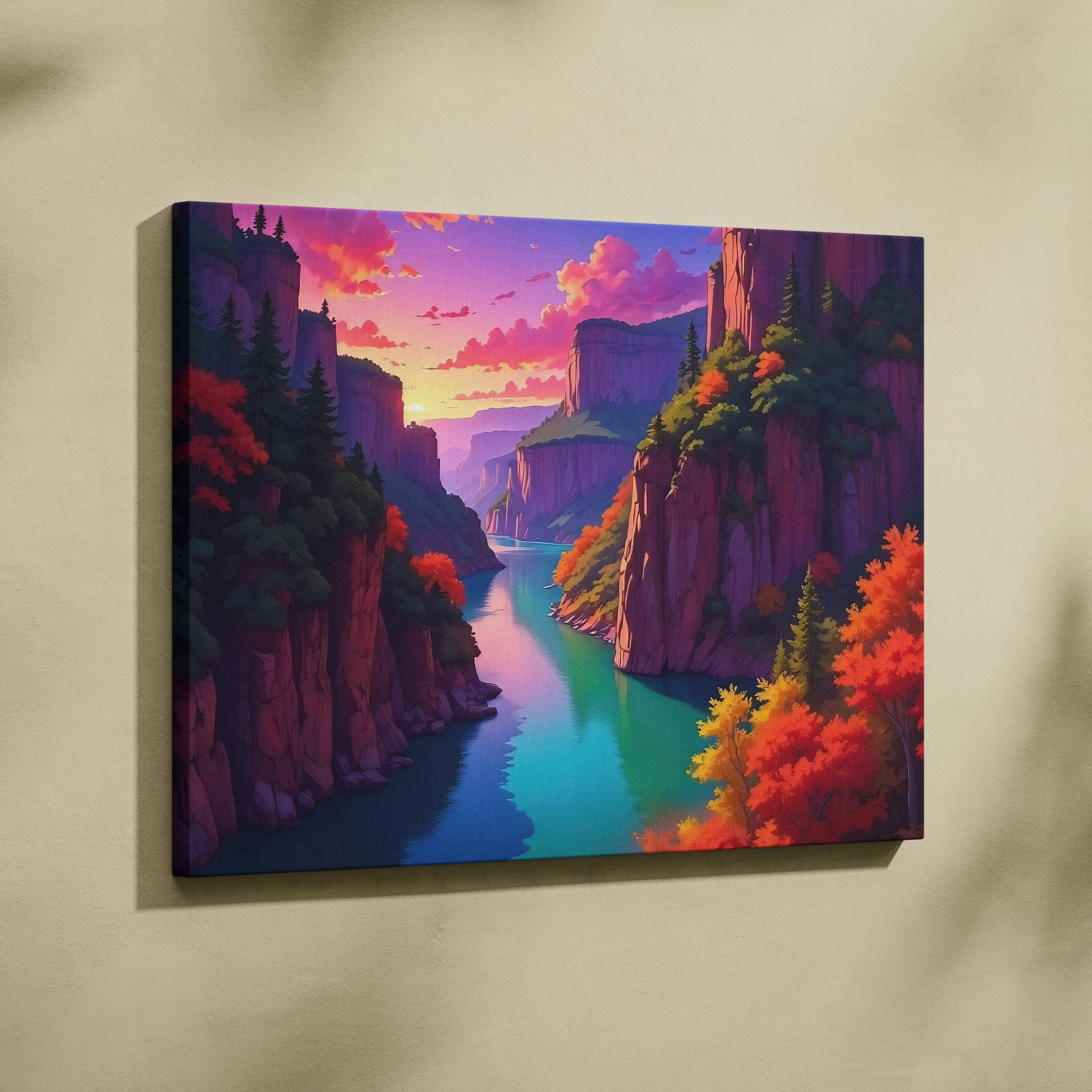 Vibrant autumn canyon canvas print with teal river and sunset sky