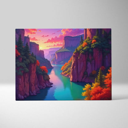 Vibrant autumn canyon canvas art with teal river and sunset sky