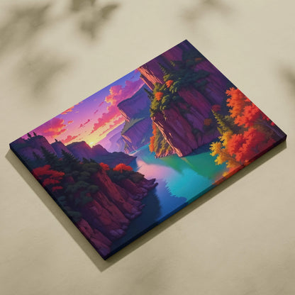 Vibrant autumn canyon canvas art with winding river at sunset in reds, oranges, teal