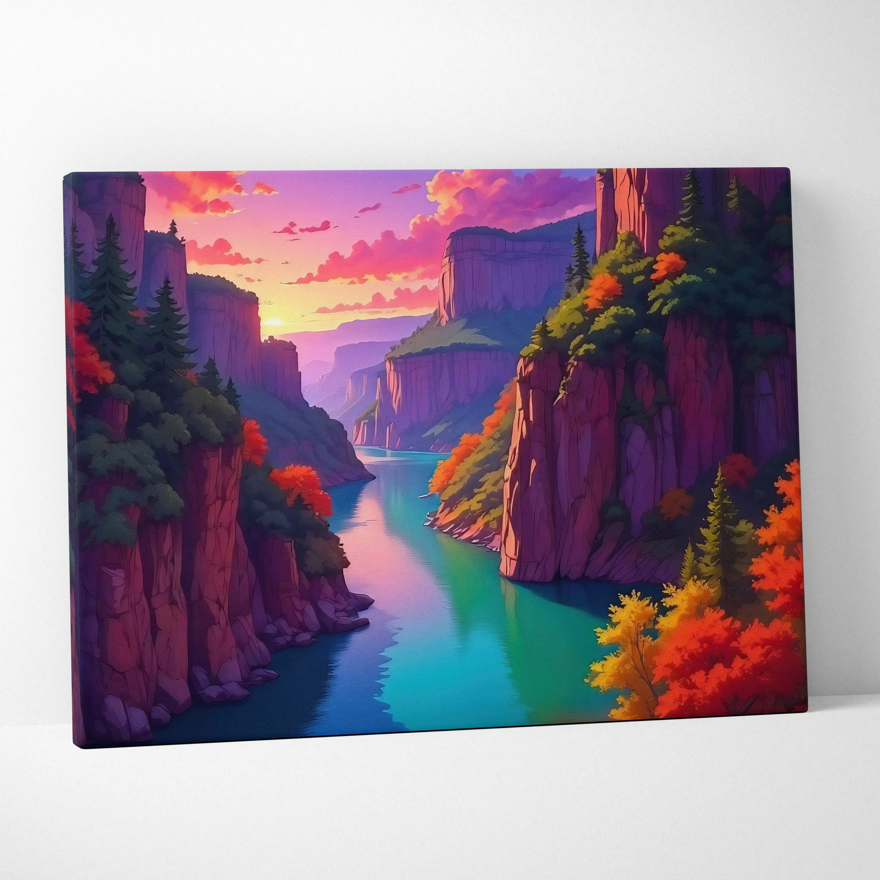 Vibrant autumn canyon canvas print with teal river at sunset