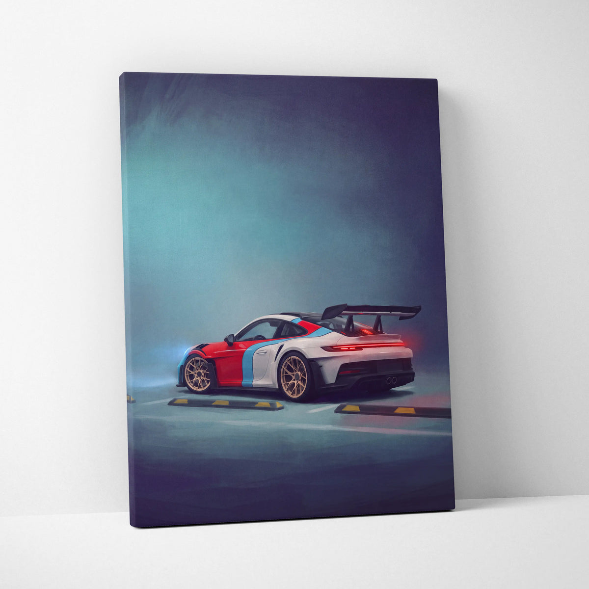 Porsche 911 gt3 rs inspired supercar canvas art featuring a vibrant red white and blue race car with gold rims and rear spoiler