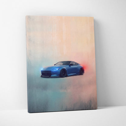Blue nissan z sports car canvas print with glowing headlights and red rear light effect for garage decor