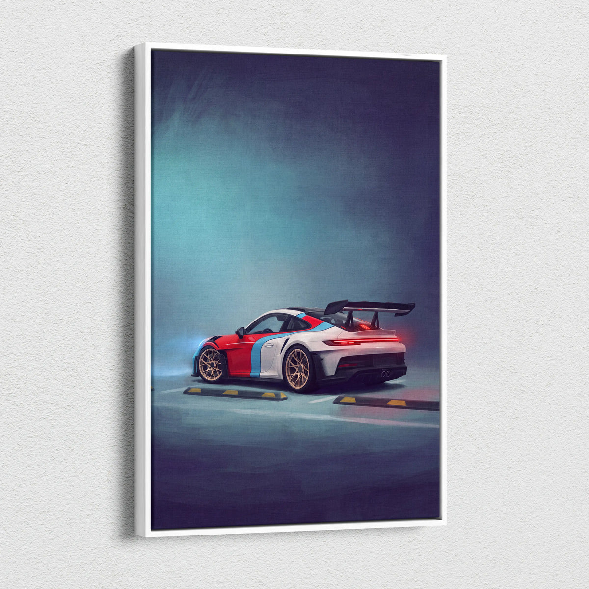 A framed canvas print of a red white and blue porsche 911 gt3 rs with gold rims custom car wall art print