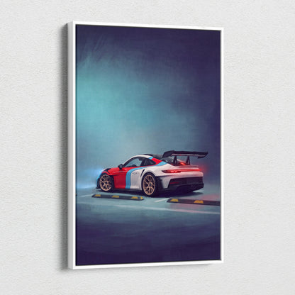 A framed canvas print of a red white and blue porsche 911 gt3 rs with gold rims custom car wall art print