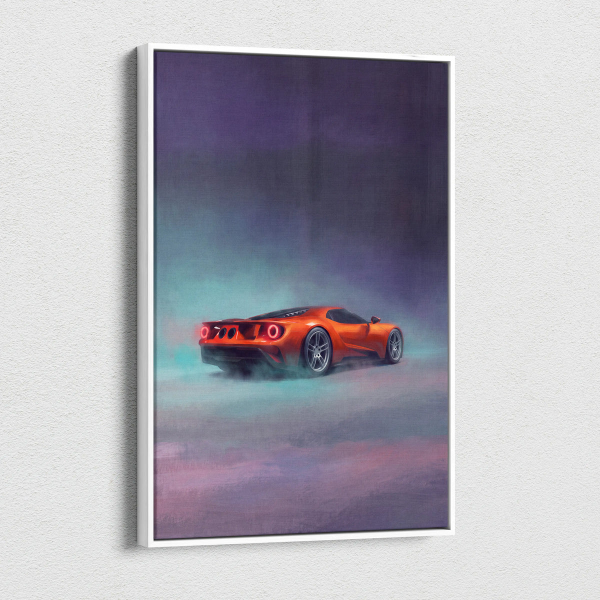 Vibrant orange Ford GT inspired car wall art featuring twin turbo supercar with glowing taillights in misty canvas print