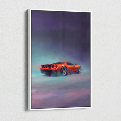 Vibrant orange Ford GT inspired car wall art featuring twin turbo supercar with glowing taillights in misty canvas print