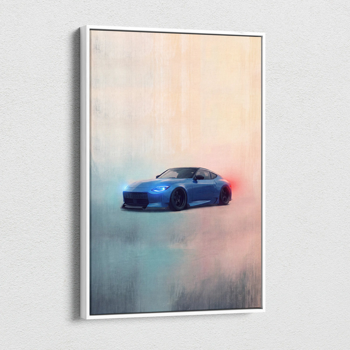 Blue nissan z sports car stylized smoky artwork on canvas wall painting in white frame for garage decor