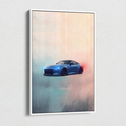 Blue nissan z sports car stylized smoky artwork on canvas wall painting in white frame for garage decor