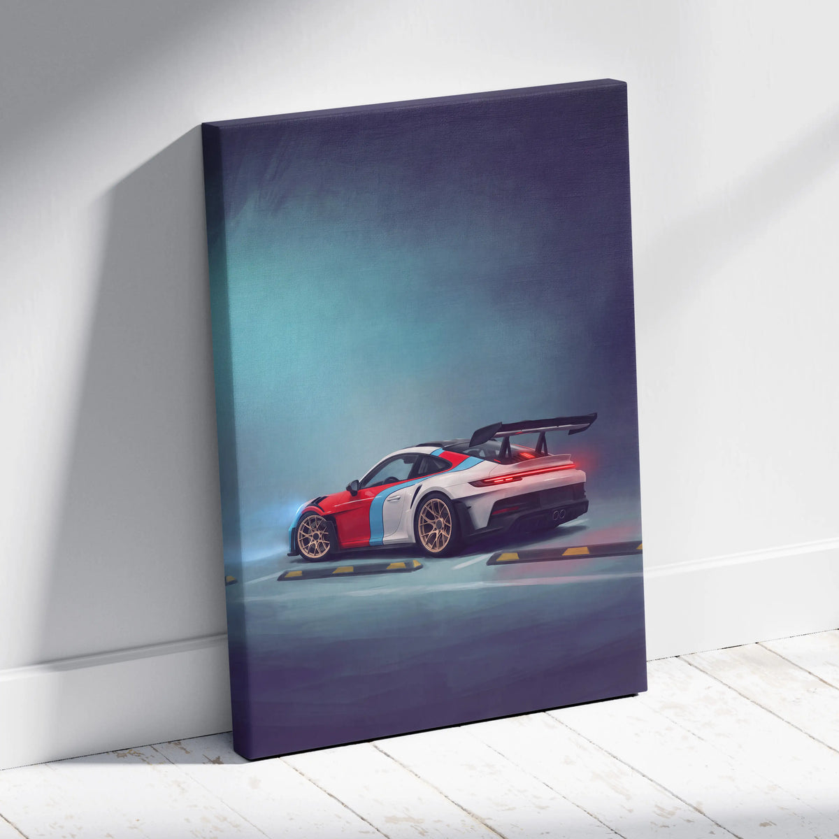 A vibrant red white and blue Porsche 911 GT3 RS race car canvas print with sleek aerodynamic design for wall decor