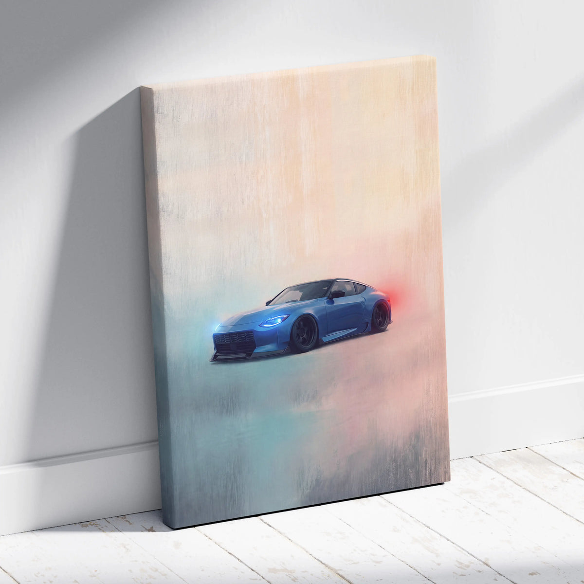 Blue Nissan Z inspired canvas art featuring a sleek sports car with glowing headlights for modern garage decor