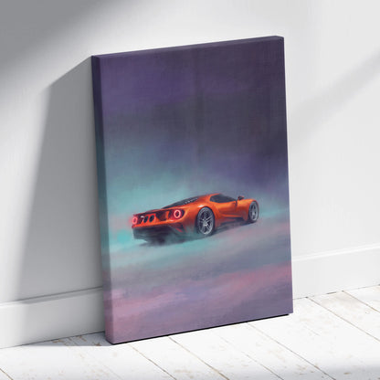 Vibrant orange Ford GT twin turbo supercar canvas print with dreamy purple teal sky for office wall art decor