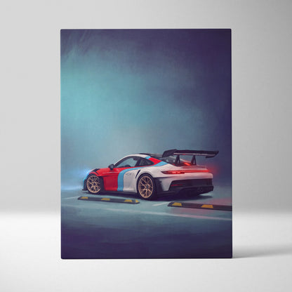 A vibrant red white and blue Porsche 911 GT3 RS inspired supercar canvas art print featuring a prominent rear wing