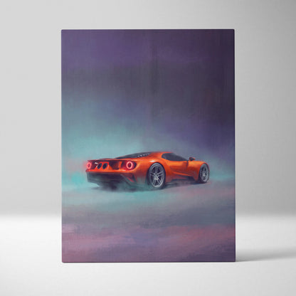 Vibrant orange ford gt inspired car wall art canvas print with glowing red taillights and misty atmosphere for office decor