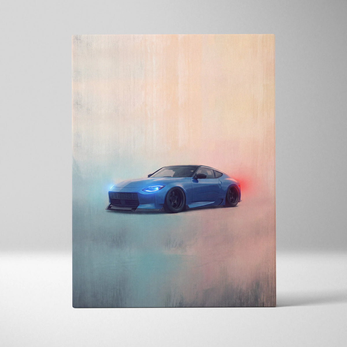 Nissan Z inspired canvas art featuring a vibrant blue sports coupe with glowing headlights and red exhaust smoke