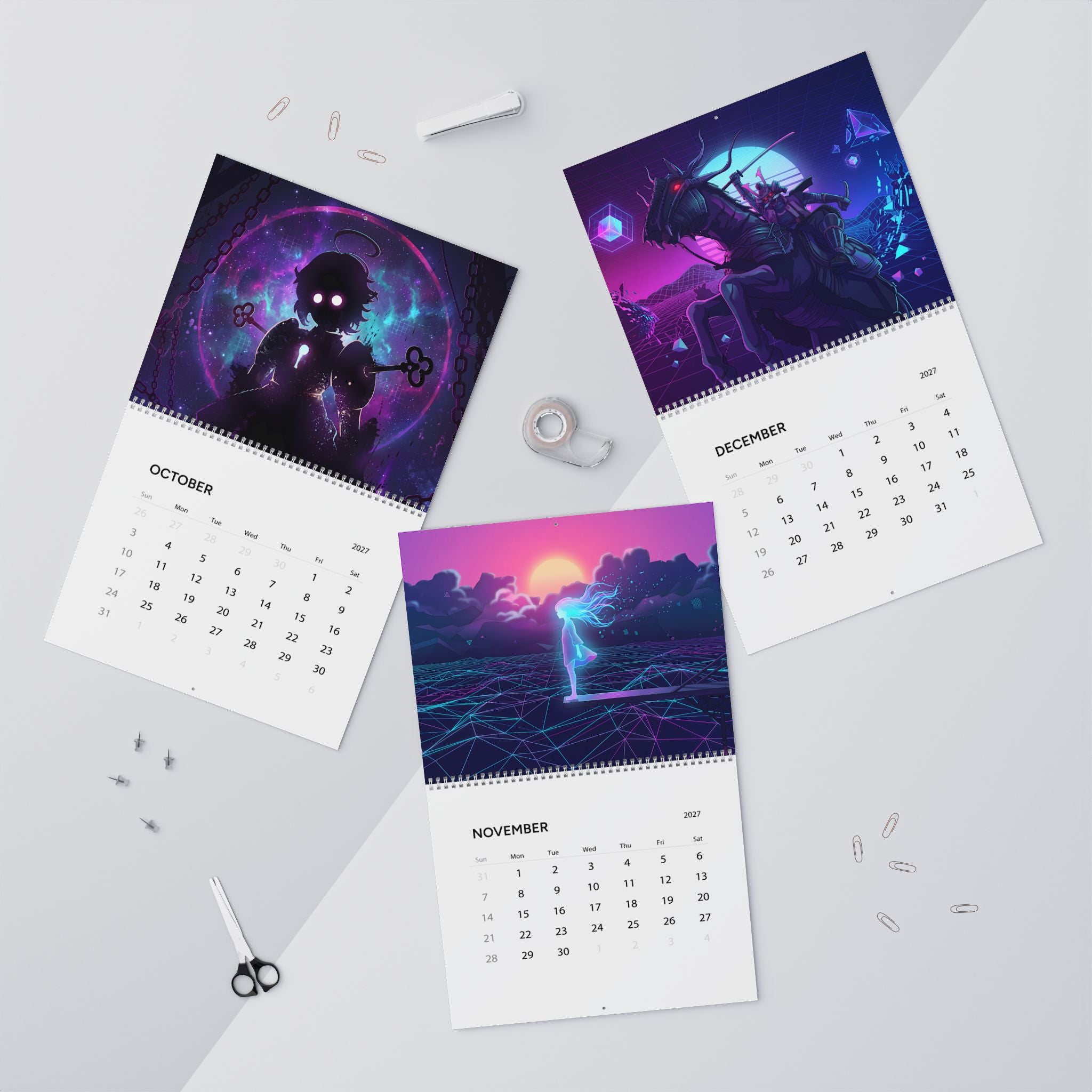 2027 Retro Futuristic Fantasy Wall Calendar – Vaporwave Neon Artwork Collection