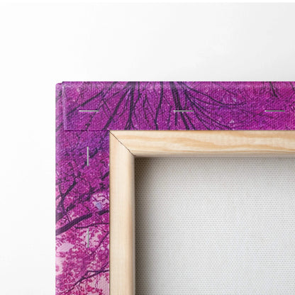 Vibrant purple tree branch canvas in light wood frame, lavender tones