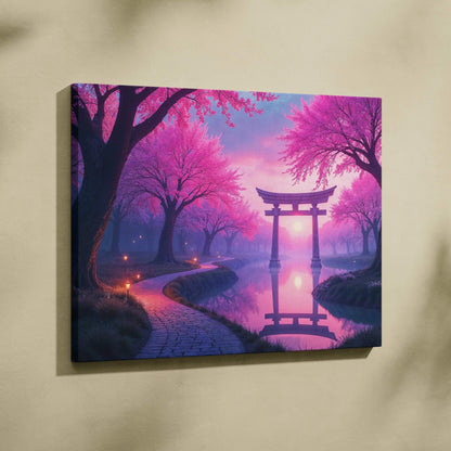 Dreamlike cherry blossom garden with torii gate canvas art in pink lavender tones