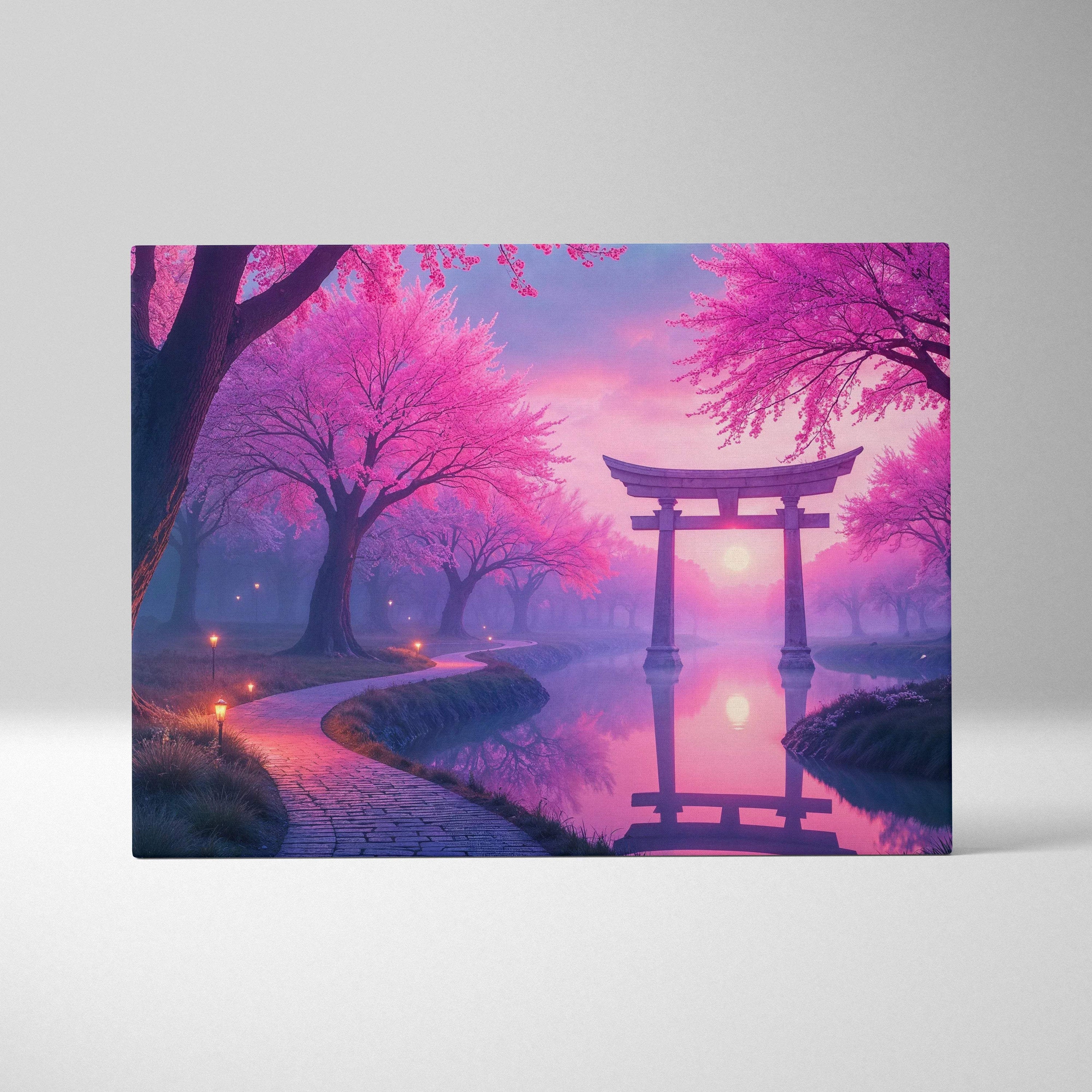 Dreamlike cherry blossom garden with torii gate canvas wall art