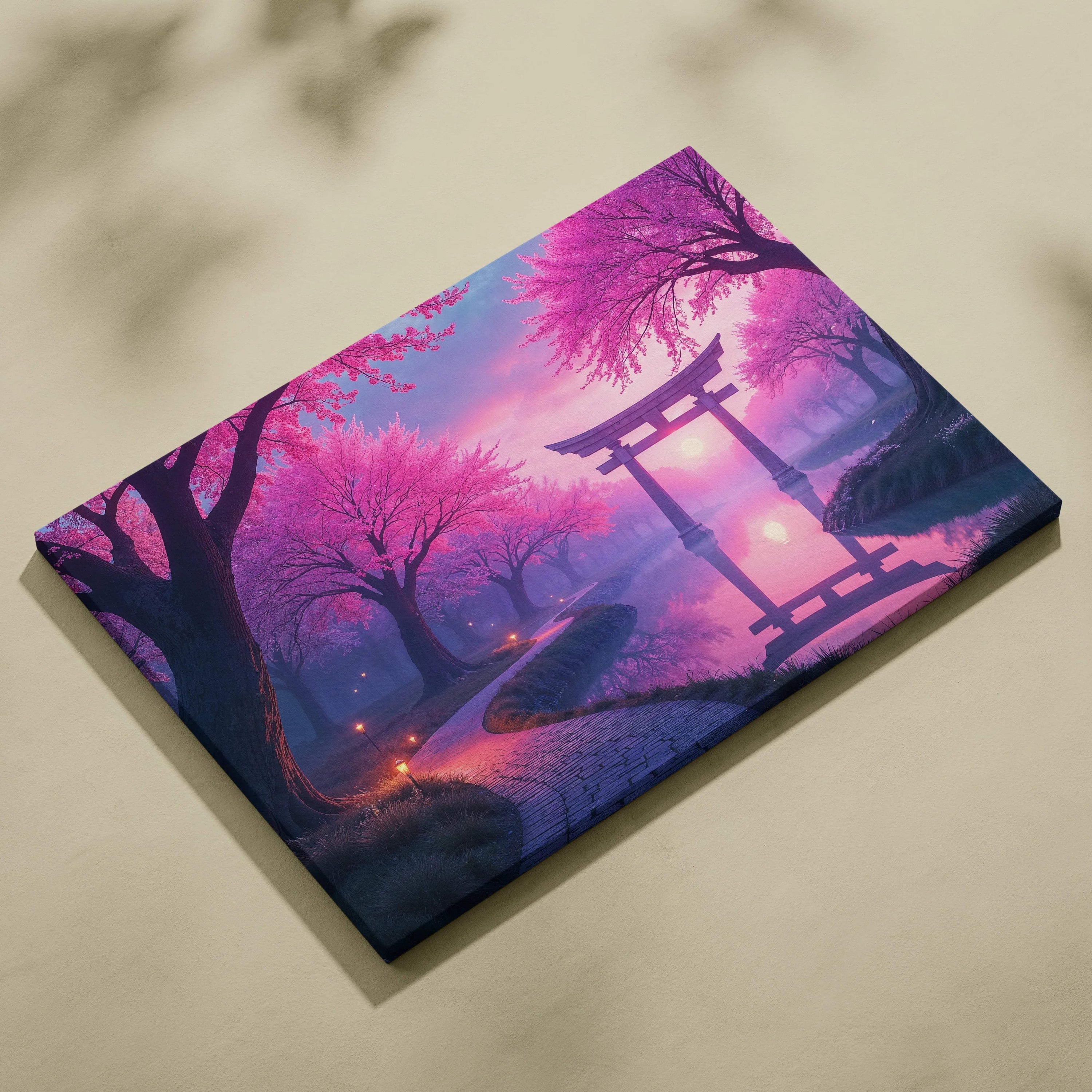 Dreamlike cherry blossom garden with torii gate canvas art in soft pink lavender tones