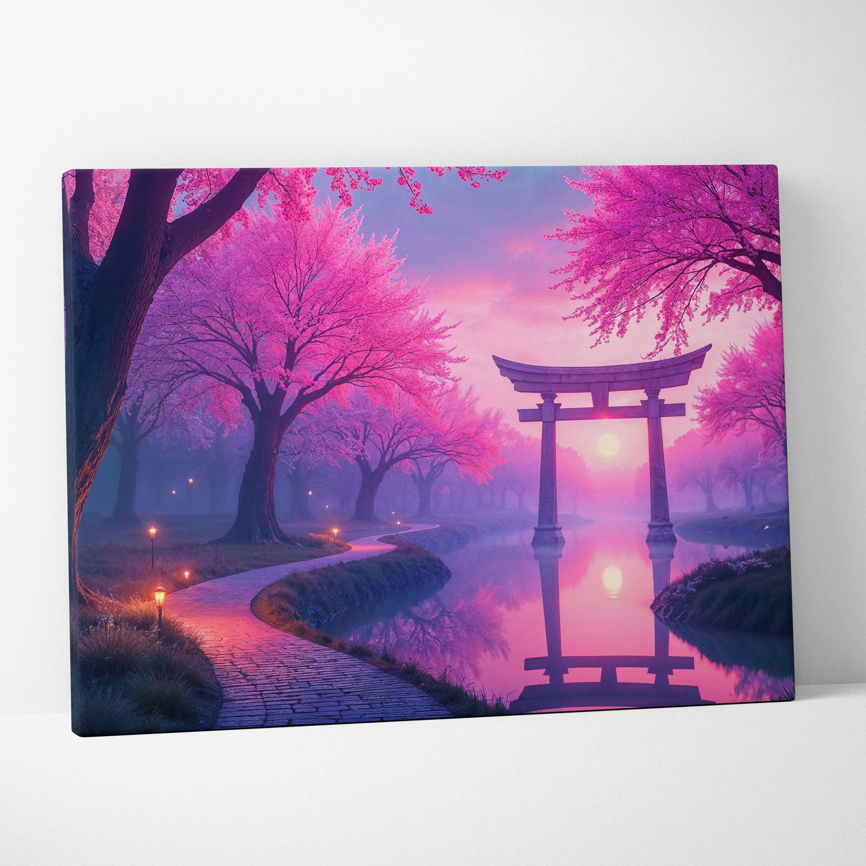 Dreamlike cherry blossom garden with torii gate at sunrise canvas art